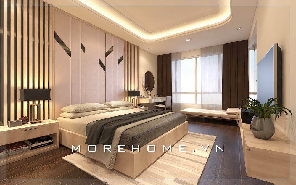 Giường ngủ chung cư được thiết kế theo kiểu dáng hộp vuông vắn, hiện đại, tạo cho không gian thêm phần gọn gàng, ngăn nắp